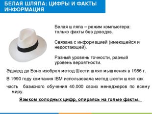 БЕЛАЯ ШЛЯПА: ЦИФРЫ И ФАКТЫ ИНФОРМАЦИЯ Эдвард де Боно изобрел метод Шести шляп