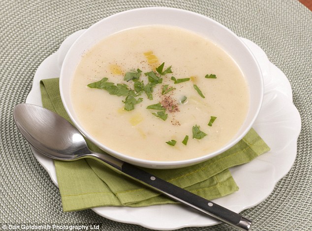 White soup: Prue cooked this for lunch on Tuesday with one onion, some garlic, two parsnips, four potatoes, milk and a stock cube