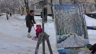 Художник Ревякин, пленэр зимой. Зимний пейзаж маслом.