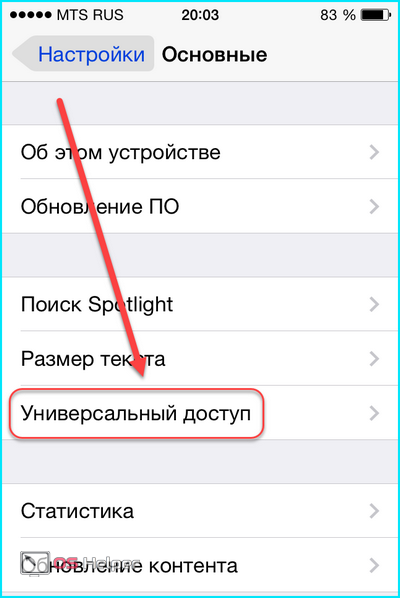 Меню Универсальный доступ