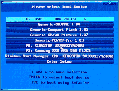 Выбор устройства загрузки в Boot Menu