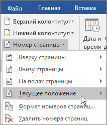 В группе "Колонтитулы" выберите "Номер страницы" и "Текущее положение".